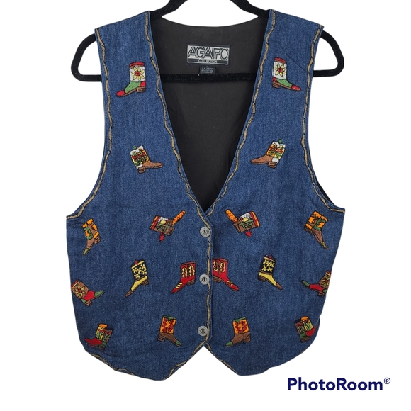 Agapo Jackets & Blazers - SOLD EBAY Agapo Vintage Denim Embroidered Cowboy Boots Vest Large Buttons